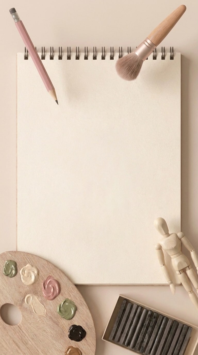 Blank sketchbook with pencils, brush, palette and a wooden artist figure